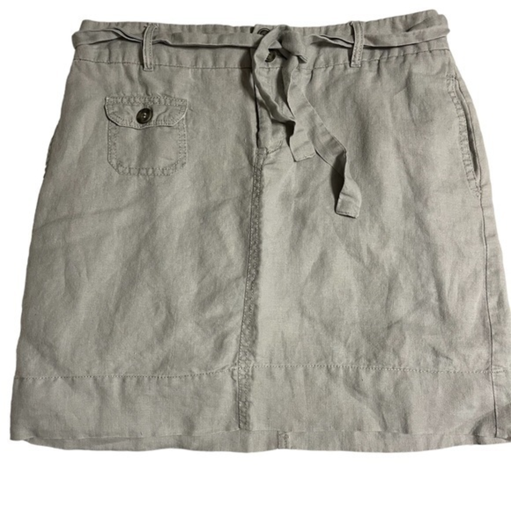Cynthia Rowley Women's Gray 100% Linen Pencil Straight Tie Front Mini Skirt Sz 4
